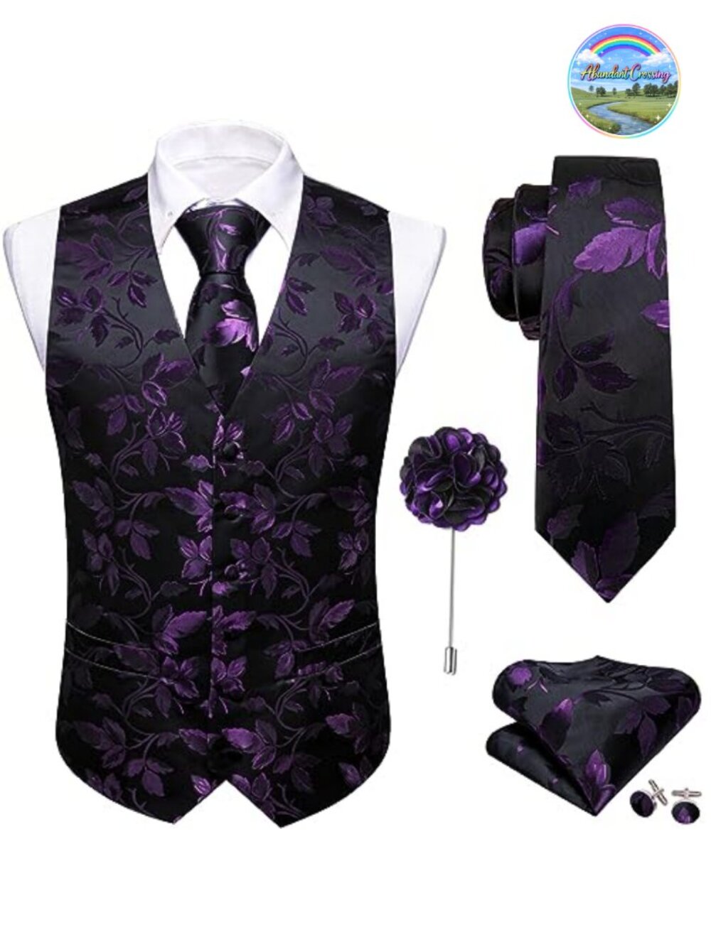 Men's Floral Jacquard Silk Vest Tie Pocket Square Cufflinks Set Formal